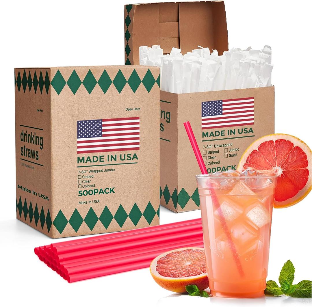 Glotoch Express 1000 PCS Individually Wrapped Red Plastic Straws, 7.75'' Long, 0.24'' Diameter Disposable Drinking Straws for Every Occasion, Party, Made in USA