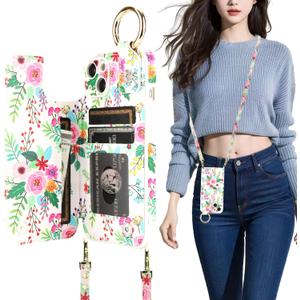 HAOPINSH Crossbody Wallet Case with Card Holder for iPhone 13, RFID Blocking Leather Case with Wrist Strap Lanyard, Finger Grip Ring, Colorful Florals Flip Folio Kickstand Camera Protection 6.1"