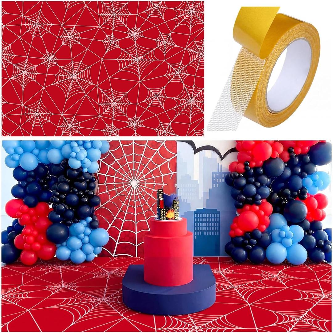 Spider Party Decorations Red Spiderweb Floor Covering Large Spider Birthday Decorations with Double Sided Tape Waterproof Spiderweb Birthday Supply Photo Booth Party Backdrop, 9.8 x 6.5ft