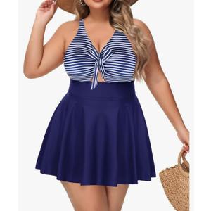 Womens Plus Size One Piece Swimsuit with Skirt V Neck Cutout Flowy Swim Dress Tummy Control Bathing Suit 24W