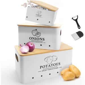Kitchen Vegetable Storage Set of 3, Metal Onion Garlic Potato Storage Set, Kitchen Canisters Vegetable Keeper Containers with Aerating Holes and Wooden Lid (White)