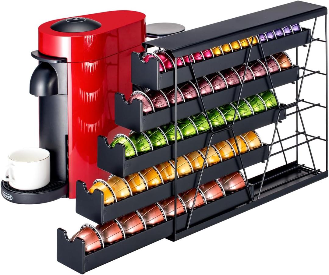 FlagShip 5-Tier Corner Coffee Pod Organizer for Nespresso Vertuo - 50+ Capsule Metal Storage, Space-Saving Kitchen Countertop Rack Wall Mountable