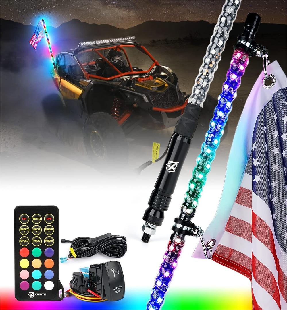 Xprite 3FT Spiral RGB LED Whip Lights, 360 Dream-Color Dancing Chase Whip Lights w/Remote Control and Flag for Side by Side Jeep Offroad UTV ATV Trucks SXS Polaris RZR XP 1000 Can-am Maverick X3 1PC