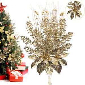 Artificial Glitter Berry Stem Ornaments, 18 Pack 17.5 Inch Gold Fake Christmas Picks Decorations with Poinsettia Christmas Flowers, Bead Sticks for Christmas Tree Wedding Small Vase Wreath Decor