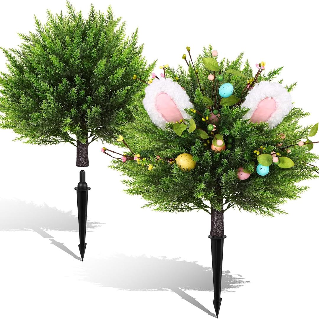 WLLEYAY Easter Artificial Cypress Bunny Topiary Cedar Trees, Set of 2 | Artificial Shrub Bushes with Ground Spike,UV Resistant Faux Evergreen Tree Plants,Indoor Outdoor Planters Front Porch Offices