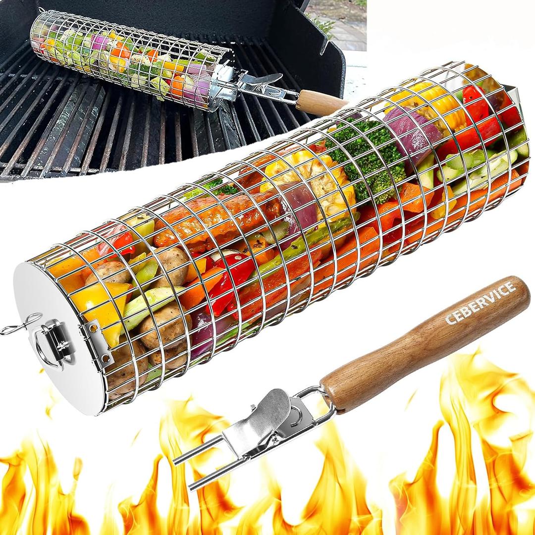 Rolling Grilling Baskets for Outdoor Grill, Thickened SUS304 Stainless Steel, REMOVABLE HANDLE, Round Cylinder BBQ Grill Basket for Veggies Fish Meat, Barbeque Griller Accessories Gifts for Men Dad