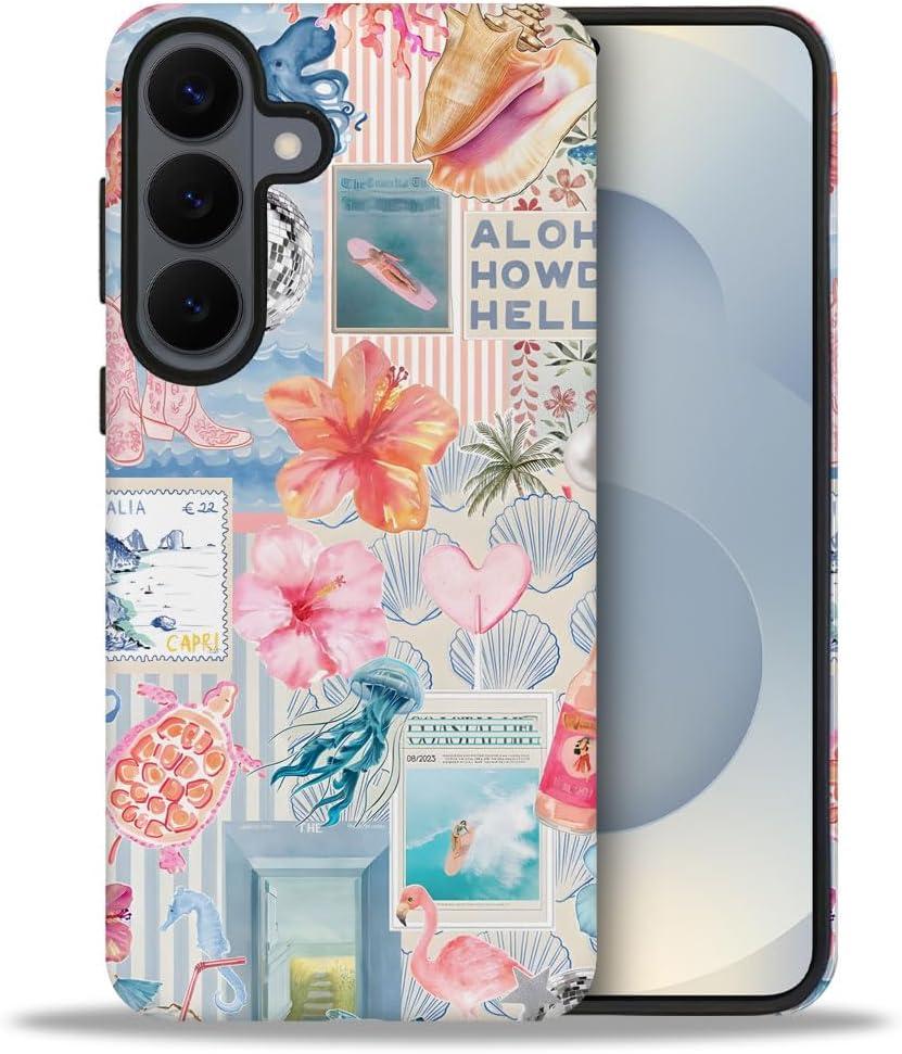Compatible with Samsung Galaxy S26,Frosted Dual-Layer Protection with Phone Case Cover - Beachy Collage Aesthetic Turtles Floral