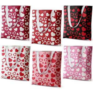 6 Pcs Valentines Day Canvas Tote Bags Heart Decorated Reuseable Grocery Shopping Bag Valentines Gift Goodie Bag