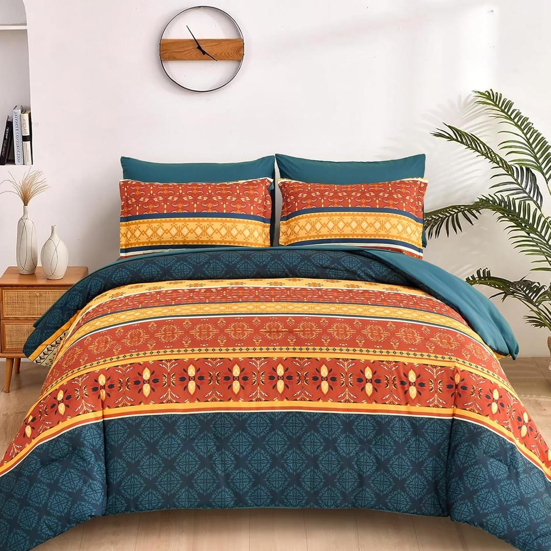 WONGS BEDDING Boho Comforter Set Queen Size,7 Pieces Bed in a Bag Bohemian Striped Bedding Set,Burnt Orange Paisley Floral Comfortet and Sheet Set,Soft Microfiber Bedding Sets for All Season