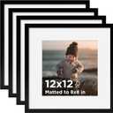 KINLINK 12x12 Picture Frame Black Set of 4, Wooden Square Photo Frames Matted 8x8 with Plexiglass for 8x8 with Mat or 12x12 without Mat for Table and Wall Display