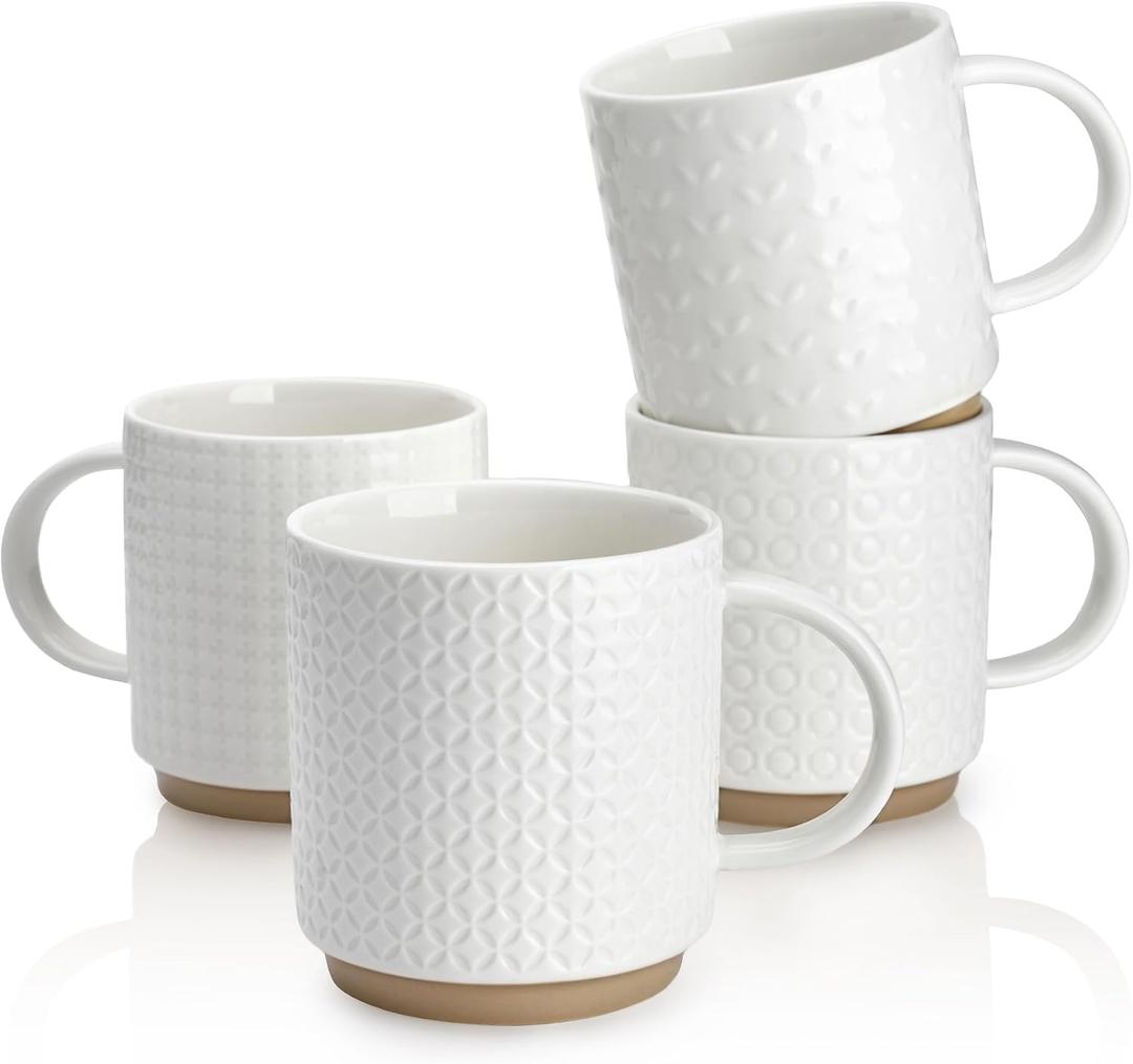 Sweese Stackable Coffee Mugs Set of 4, 10 Oz Ceramic Coffee Mug Cups with Embossed Design, Stackable Coffee Cups for Espresso, Cappuccino, Latte, Tea, White