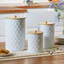 Kitchen Canister Set of 3 Tea Coffee Sugar Containers with Airtight Bamboo Lids Food Flour Storage for Countertop Metal White Diamond Pattern Embossed Farmhouse Decor