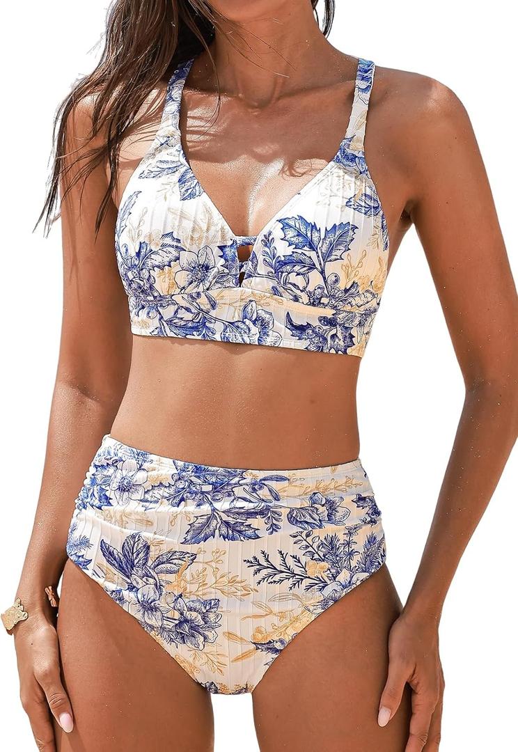 CUPSHE Women's Bikini Sets V Neck Keyhole Wide Adjustable Straps Bathing Suit High Rise Bottom Crisscross Back (Blue Floral, S)