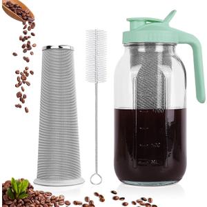 Cold Brew Coffee Maker64 oz Wide Mouth Mason Jar Pitcher with Stainless Steel Filter, Pour Spout Handle Lid, Heavy Duty Glass Airtight & Leak-Proof for Iced Coffee Tea & Lemonade-Green