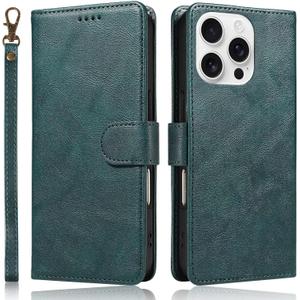 for iPhone 16 Pro Wallet Case with 3 Card Slot, 3 in 1 PU Leather Kickstand RFID Blocking Phone Cover Magnetic Flip Phone Case, Sturdy & Shockproof Phone Case with Wrist Strap - Green