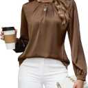 Blooming Jelly Womens Dressy Business Casual Blouse Pleated Long Sleeve Tops Satin Silk Work Shirt Fall Outfits 2025 (Medium, Brown)