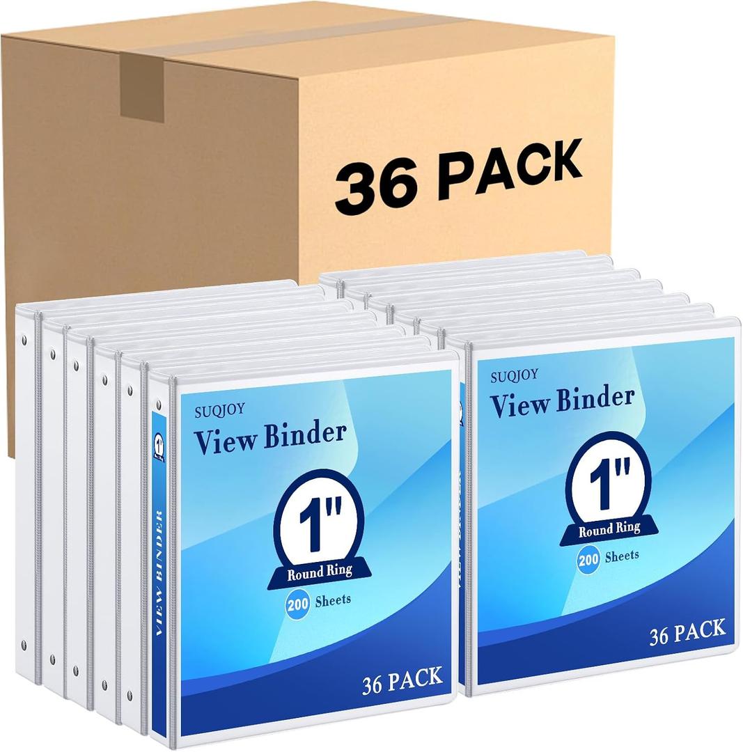 SUQJOY Durable 3 Ring Binders 1 Inch 36 Pack Bulk, Clear View Binders Bulk Three Ring Binders PVC Free, Fit for 8.5x11 inches for School or Office Supplie(White