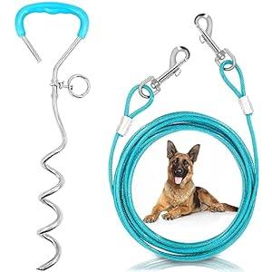 Dog Tie Out Cable and Stake 32/ 16/ 10 ft Outdoor, Yard and Camping, for Medium to Large Dogs Up to 125 lbs, 16" Stake, 32/ 16/ 10 ft Cable with Durable Spring and Metal Hooks for Outdoor