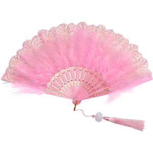 Fumwase Foldable Feather Fan Embroidered Flower Handheld Chinese Folding Fans 1920s Feather Fan Flapper Hand Fan for Costume Party Wedding Dancing Decoration (Pink)