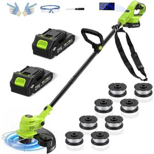 VOERJIA 21V Cordless Weed Eater & String Trimmer, Lightweight 2-in-1 Electric Weed Wacker, Wheeled Edger with 2X 2.0Ah Batteries & Charger, 12-inch Auto Line Feed, 90° Adjustable Head & 8 Spools