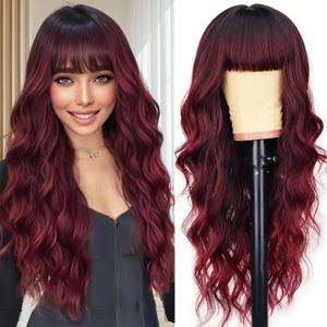 AISI HAIR Omber Burgundy Wig with Bangs Long Wavy Synthetic Wig for Women with Daily Party Use