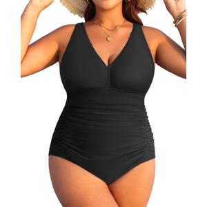 Aqua Eve Women Plus Size One Piece Swimsuits V Neck Tummy Control Bathing Suits Retro Ruched Swimwear Black 20 Plus