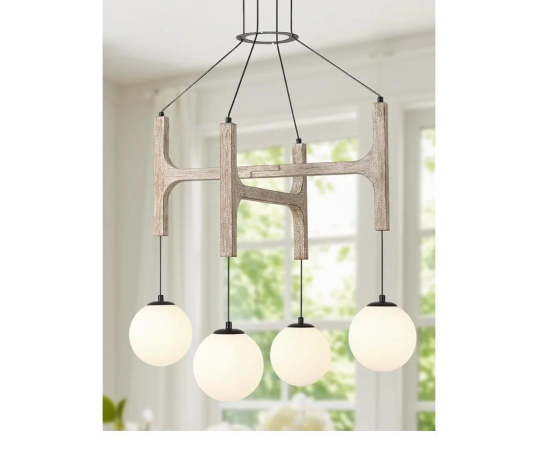 Farmhouse Antique White Wood Chandelier, 4-Lights Rustic Dining Room Light Fixture Kitchen Island Lighting, Vintage Milk Glass Globe Pendant Chandelier Hanging for Living Room Entryway