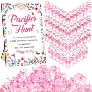 Thyle 51 Pcs Pacifier Hunt Baby Shower Games Include Hunt Sign and 50 Acrylic Pacifiers for Baby Shower Game Decoration Gift Sets Gender Reveal Party Decor(Wildflower)