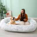 JOLLYVOGUE Human Dog Bed for Adults and Pets, Ultra-Soft Plush Giant Dog Bed with Egg Crate Foam, Non-Slip Base, and Machine Washable Cover - Ideal for Relaxation and Napping, Light Grey