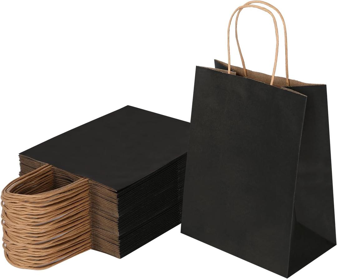 Joybe 50 Pack 8x4.75x10 Inch Medium Black Kraft Paper Bags with Handles Bulk, Craft Paper Gift Bags for Party Favors Grocery Retail Shopping Business Goody Merchandise Take Out Blank Sacks (50pcs)