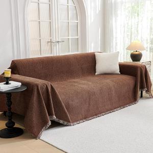 MYSKY HOME Chocolate Couch Cover Non Slip Dog Sectional Sofa Cover for 3 Cushion Couch Sofa Slipcover with Tassels Futon Cover Non Slip Washable Furniture Protector Cover for Pet, Cat, 91"x118"