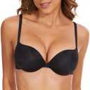 Women's Plunge Push Up Bra-Scoop Neckline Invisible Underwire Low Back-Sexy Demi Balconette T Shirt Bra for Comfort Lift 36C