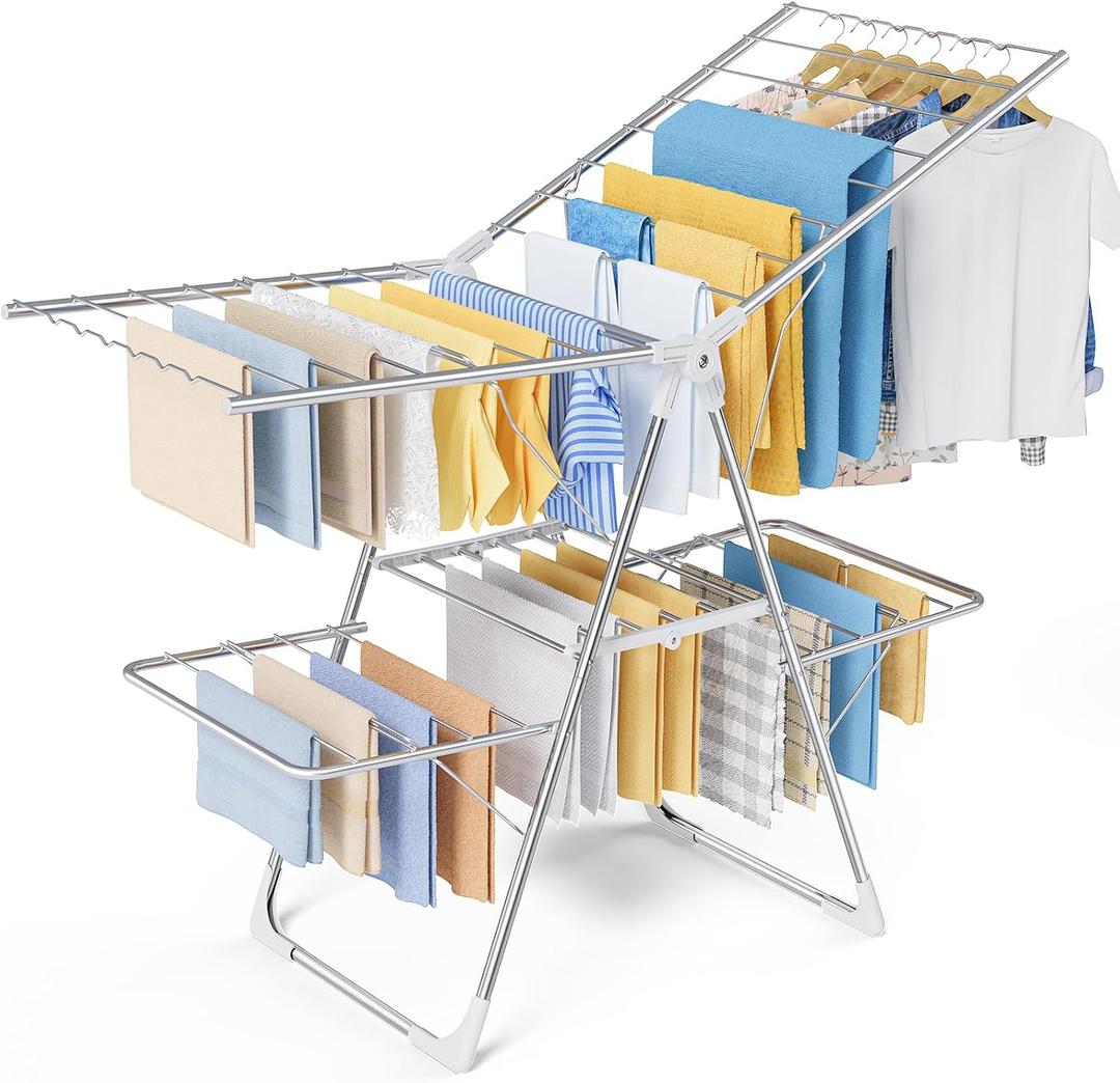 Sakugi Clothes Drying Rack, Foldable 2-Level with 55.5" Adjustable Wings, Large