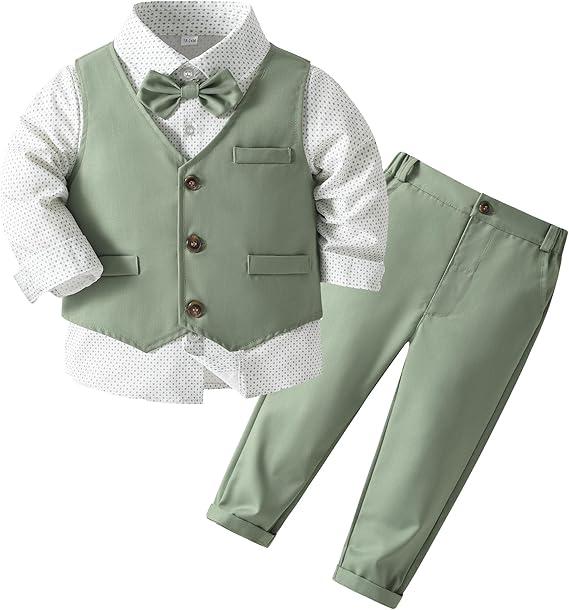 Kimocat Boys 3Pcs Clothing Sets Elegant Long Sleeve Shirts + Vest with Flower+Pants Party Suit 90