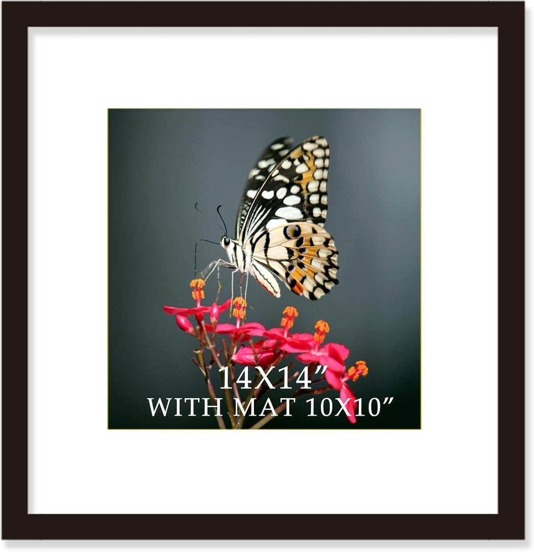 14x14 Frame Black With Mat 10x10 Solid Wood Picture Frames Wall Mounting (1 pack, 14x14 Inch)