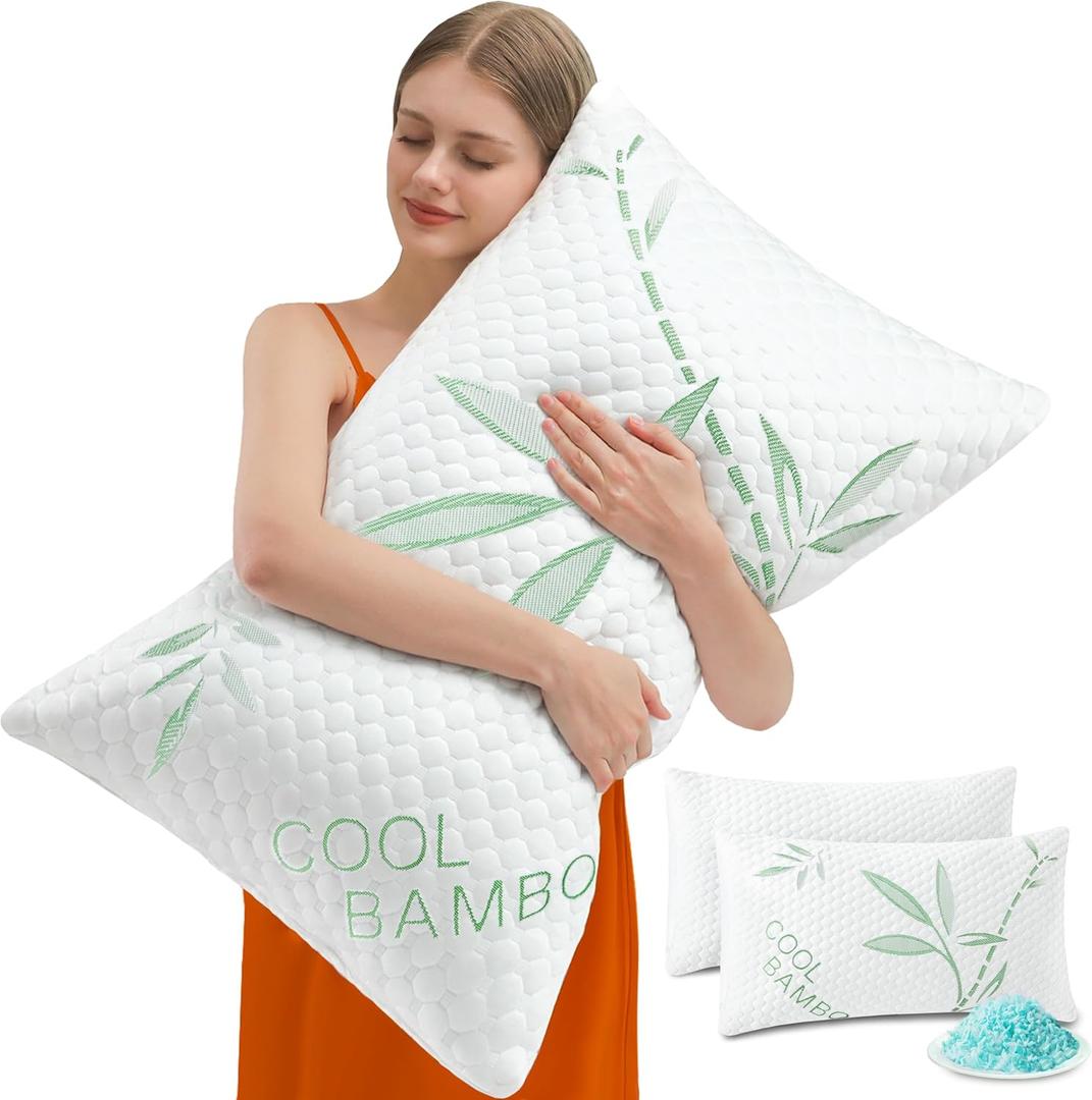 Cooling Pillows, Shredded Memory Foam Pillows Standard Size Set of 2 Adjustable Firm Bamboo Bed Pillows for Hot, Side, Back and Stomach Sleepers