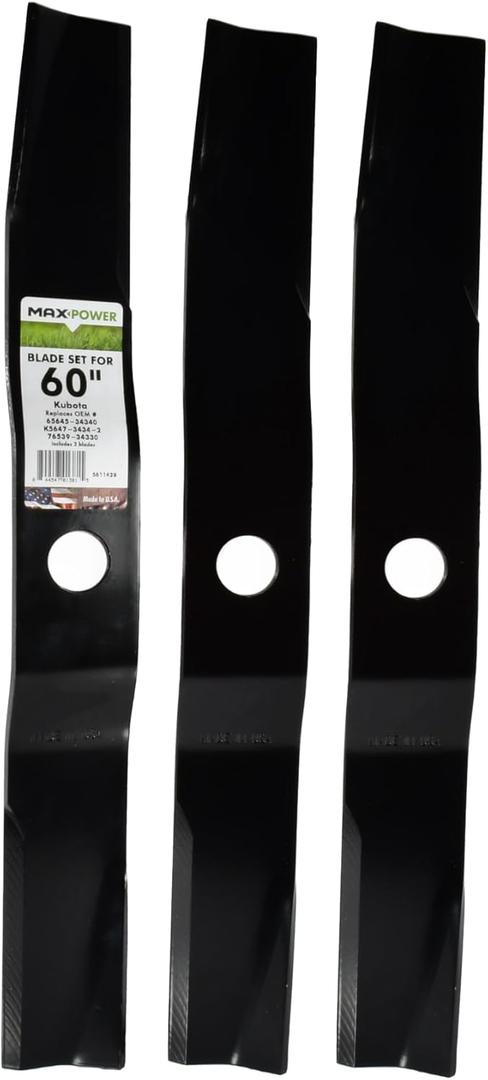 3 Blade Set for Many 60 in. Cut Kubota Mowers Replaces OEM #'s K5647-3434-2, K5647-34340, 5651-34330, 76539-34330