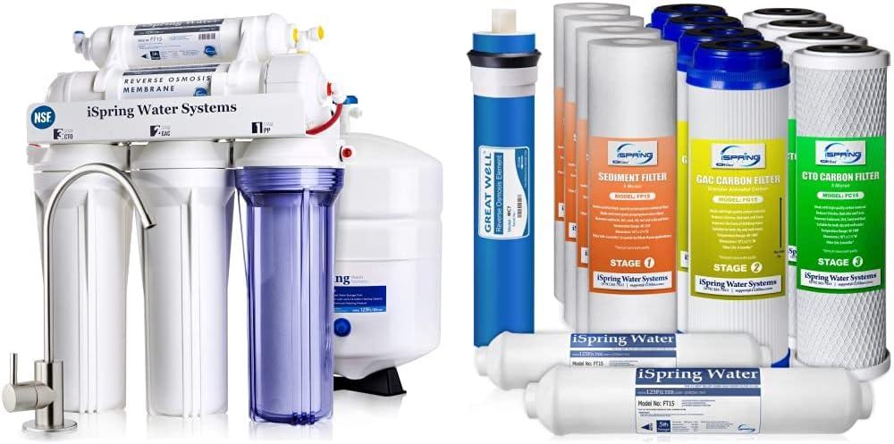 iSpring RCC7, NSF Certified, High Capacity Under Sink 5-Stage & F15-75 2-Year Replacement Supply Filter Cartridge Pack Set for Standard 5-Stage Reverse Osmosis RO Systems, 15 Piece