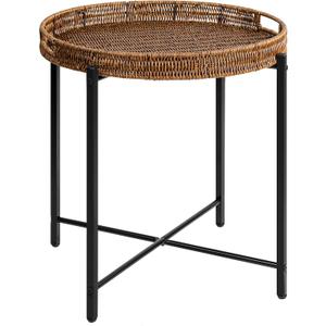 Brown Small Round End Table, 19in Rattan End Tables, Wicker Rattan Side Table, Round Sofa Side Table, Indoor Outdoor Side Tables for Patio, Living Room Bedroom Office