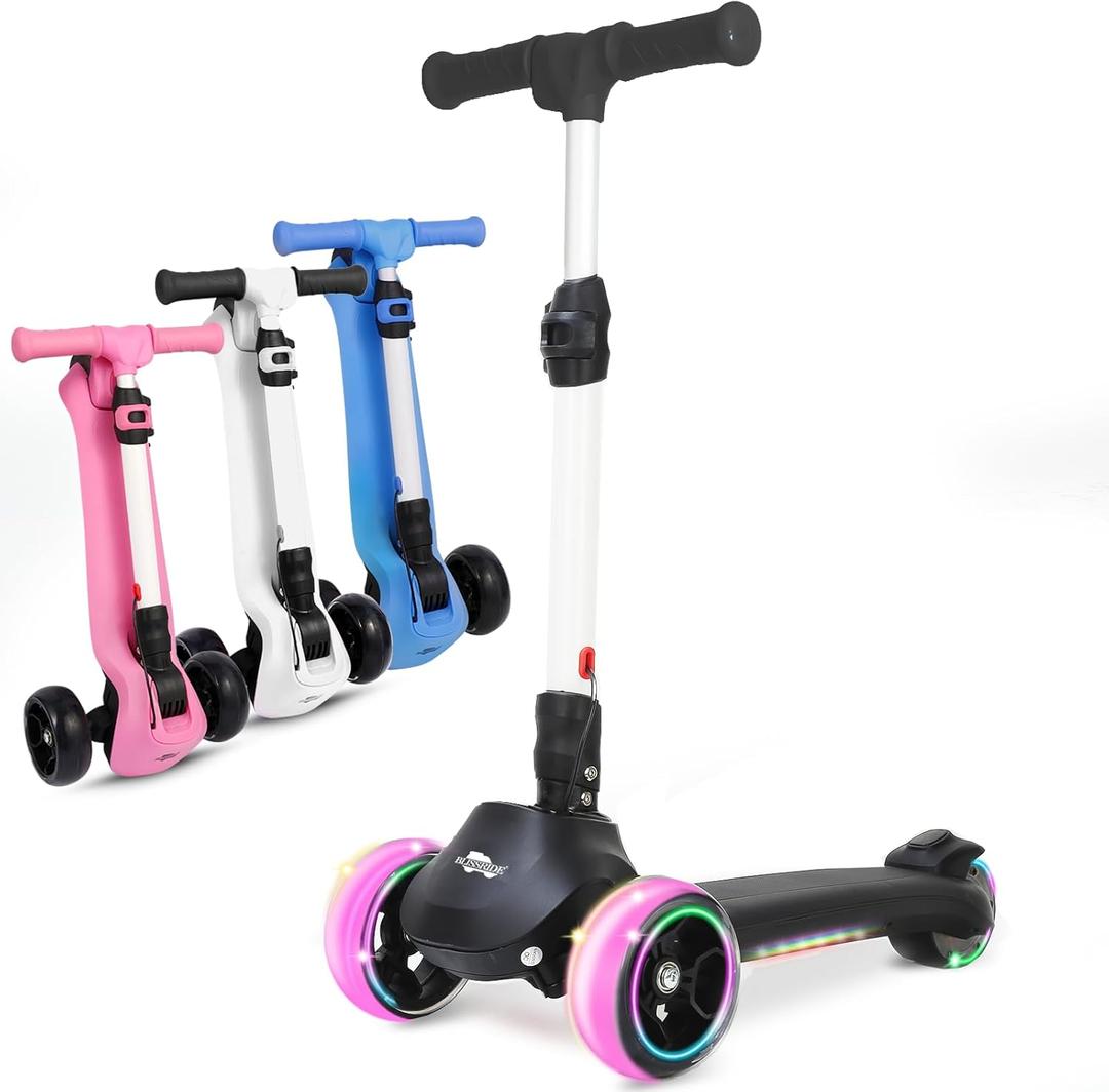 3 Wheel Electric Scooter for Kids, Folding Kick Scooter w/150W Motor, Thumb Accelerator, 3 Adjustable Height, 5Mph Speed, Flashing Wheels & Deck, Sticker, Self-Balancing Toys for Boys, Girls (Black)