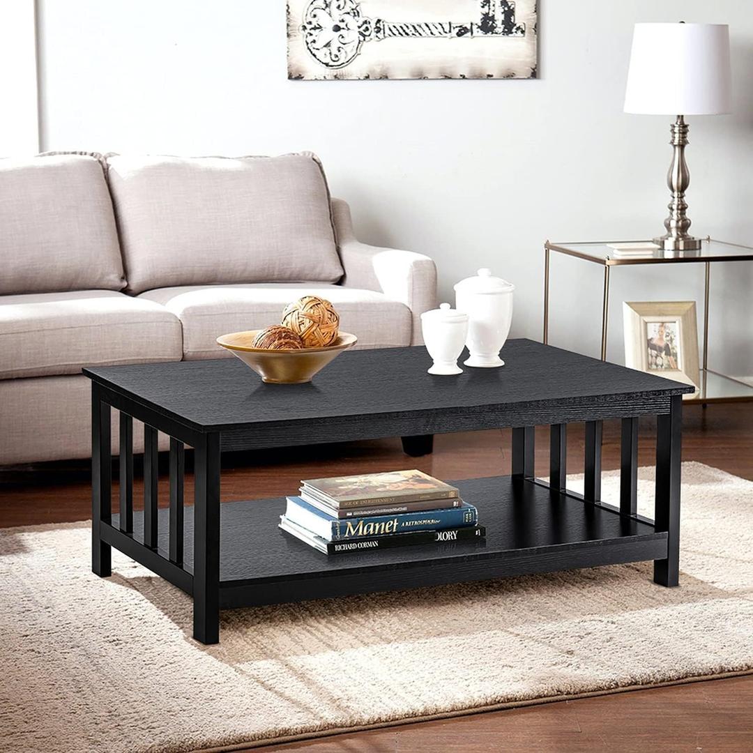 ChooChoo Mission Coffee Table, Black Wood Living Room Table with Shelf, 40 Black, 22"D x 39.9"W x 18.1"H