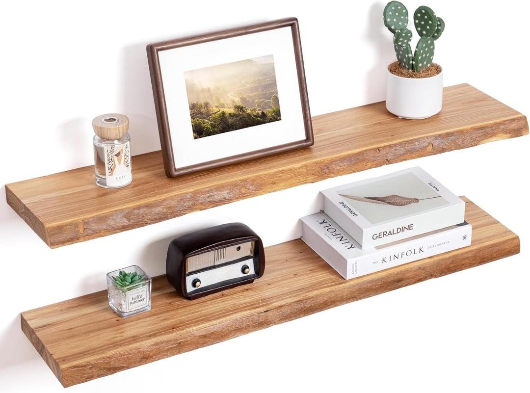 Floating Shelves for Wall Decor, Rustic Solid Elm Wood Floating Shelves Wall Mounted, Wall Shelves with Invisible Bracket for Living Room Bathroom Bedroom Kitchen, 36 Inch Set of 2, Natural (36inch)