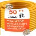 HUANCHAIN 50 ft 14/3 Gauge Heavy Duty Outdoor Extension Cord Waterproof with Lighted, Flexible Cold Weather 3 Prong Electric Cord Outside, 15A 1875W 125V 14AWG SJTW, Yellow, ETL Listed