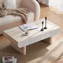 KEIKI 47" Coffee Table with Fluted Drawer, Oval Wood Coffee Table with Faux Marble Tabletop for Living Room or Office, Stylish Accent Table for Apartment or Studio, Beige Brown, 46.85" x 23.62" x 15.74"
