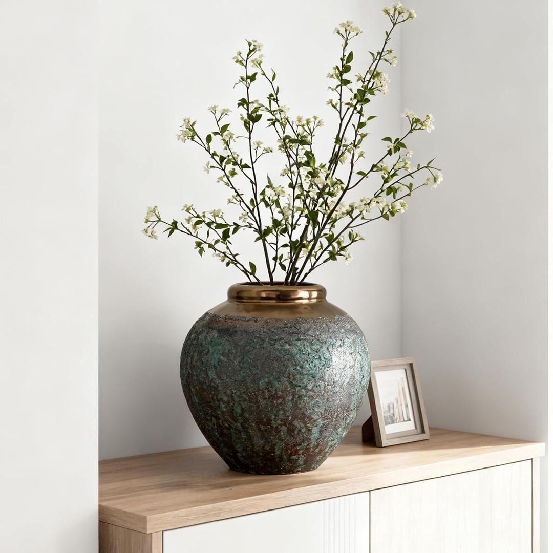 Ceramic Flower Vase, Rustic Farmhouse Flower Vase with Bronze Rim