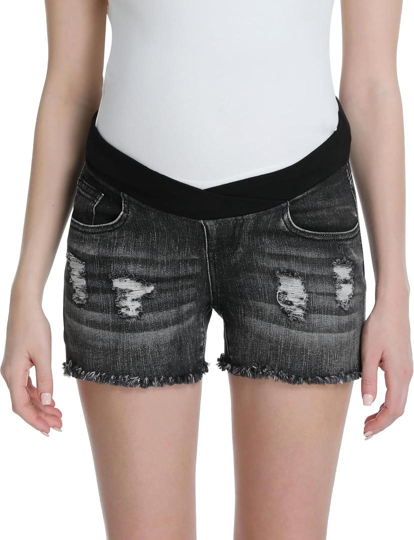 Foucome Maternity Jean Shorts Wide Elastic Band Maternity Shorts for Women Denim (Washed Black, S)