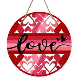 Valentine's Day Love Front Door Sign, Pink Red Hearts Wood Door Hanger Outdoor Outside Porch Decor, Anniversary Wedding Wooden Wreath Indoor Wall Hanging Decoration