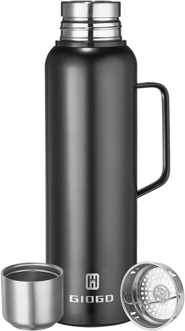 Insulated Vacuum Thermo Bottle 1500ml/50.7oz with Cup Stainless Steel Coffee Bottles for Hot and Cold Drink Water Flask.(Black, with Handle, 1500ml)