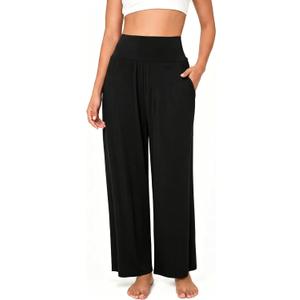 BAMBOO COOL Womens Wide Leg Yoga Pajama Pants Palazzo Casual Loose High Waisted Flowy Bottoms with Pockets Lounge Sweatpants (Black, L)
