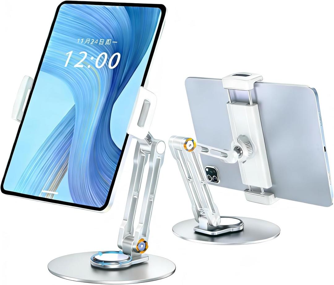 Tablet Stand Holder,360 Rotating Adjustable Foldable Portable Monitor Aluminum Phone Stand Holder for iPad Air, Mini, 10.2,9.7, Pro 11/13 and More (Silver)